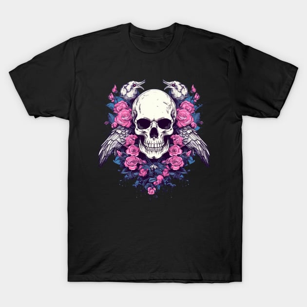 Skull with Birds and Flowers T-Shirt by TOKEBI